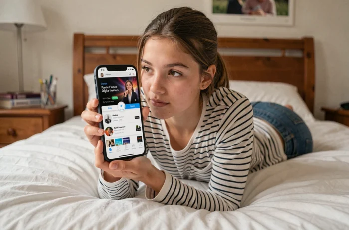 Adolescente regardant des chaînes TNT gratuites sur smartphone dans sa chambre