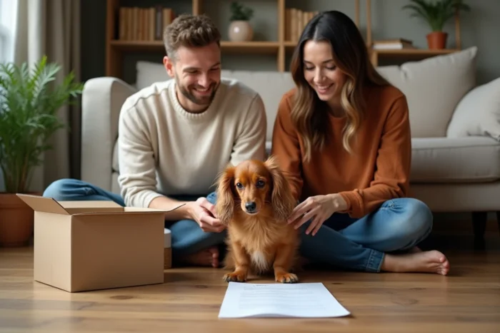 Couple accueillant un teckel à poil long doré lors d'une adoption chez un particulier dans un appartement chaleureux