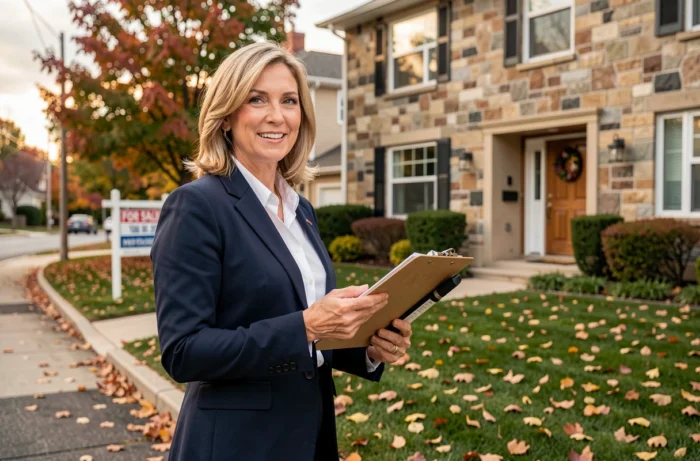 Agente immobilière devant une maison à vendre en automne tenant un dossier de présentation
