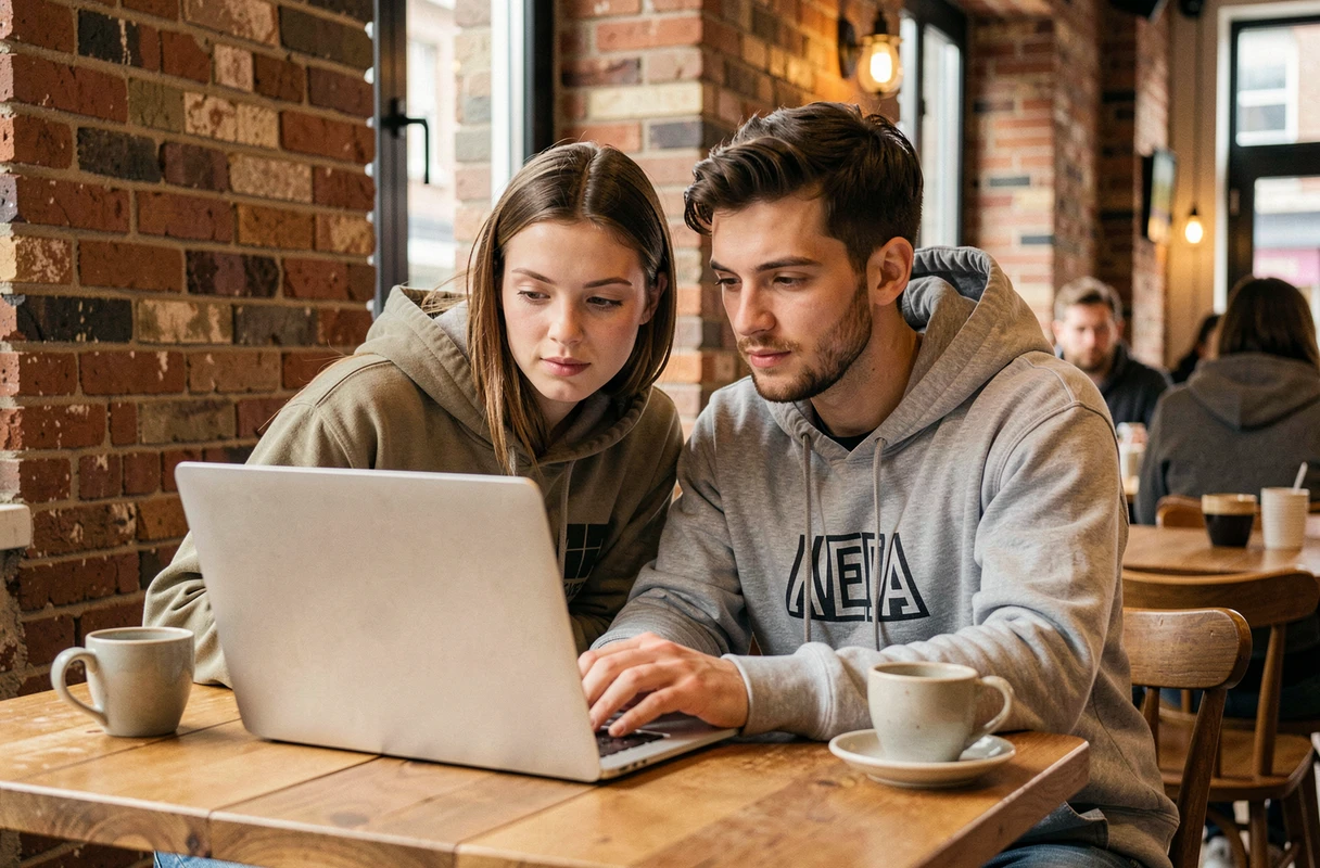 Deux amis dans un café cherchant comment consulter un profil Facebook bloqué sur un ordinateur