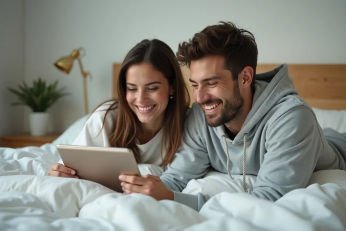 Deux amis regardant ensemble un film en streaming gratuit et légal sur une tablette dans une chambre