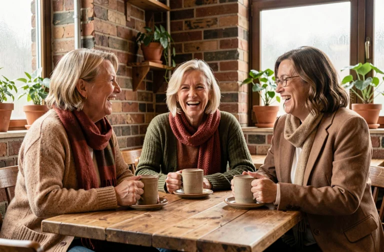 Trois femmes d'une cinquantaine d'années rient ensemble autour d'un café dans un bistrot chaleureux, illustrant l'amitié et le lien social après 50 ans