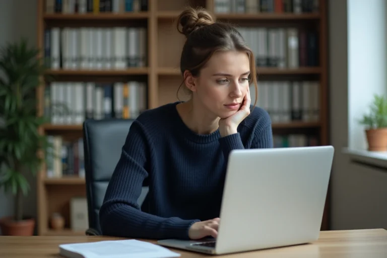 Femme analysant des informations sur un ordinateur portable dans un bureau à domicile, illustrant la vérification de fiabilité d'un service en ligne