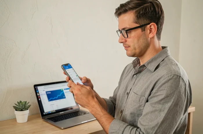 Homme utilisant une application bancaire mobile depuis son bureau à domicile, représentant la digitalisation des services bancaires en France en 2024