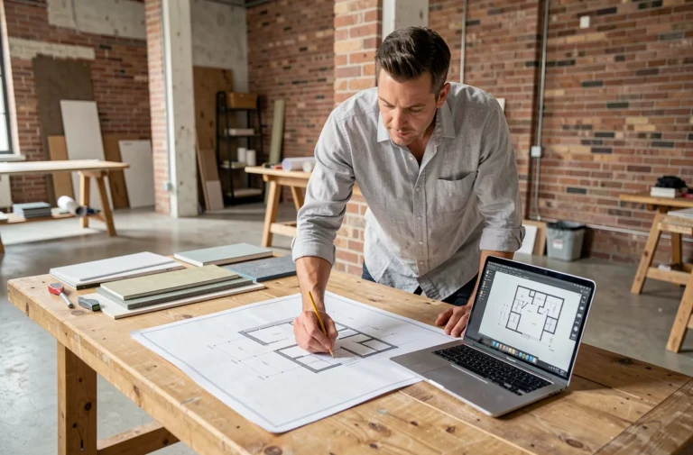 Architecte consultant des plans de rénovation immobilière sur une table de travail professionnelle