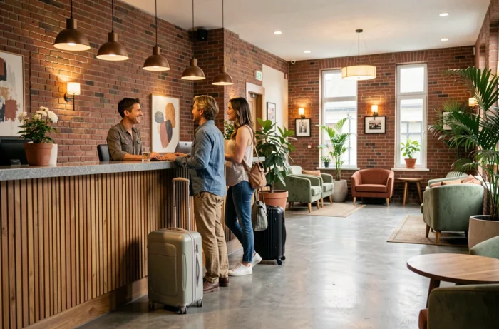 Couple en train de s'enregistrer à la réception d'un hôtel boutique lors d'un voyage