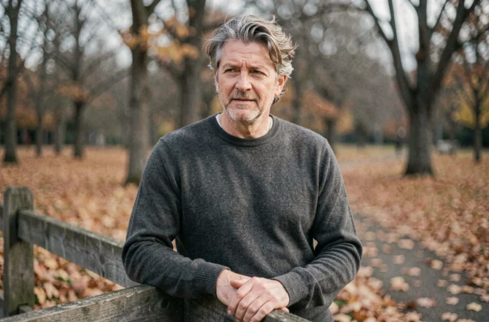 Homme debout dans un parc automnal contemplant la nature, évoquant la guérison et la renaissance après une épreuve de santé