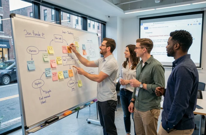 Groupe de professionnels adultes en atelier de formation participatif autour d'un tableau blanc avec des schémas et des post-its