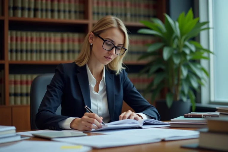 Avocate examinant un dossier juridique sur la preuve de manquement parental dans son bureau