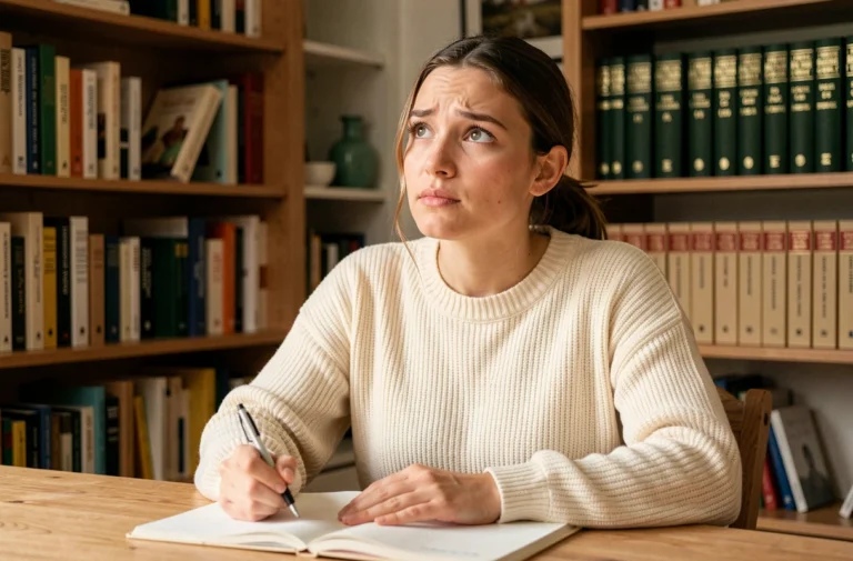 Jeune femme réfléchissant à la bonne formulation d'une question en français, assise à un bureau avec un carnet ouvert