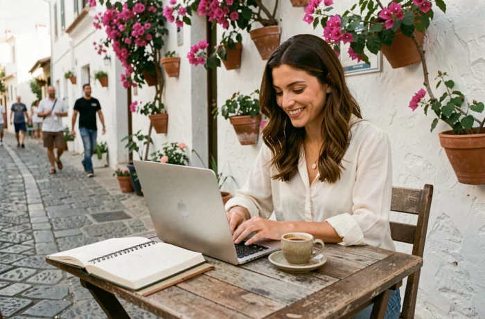 Femme consultant un blog de voyage sur un ordinateur portable dans un café méditerranéen en terrasse, carnet et café espresso