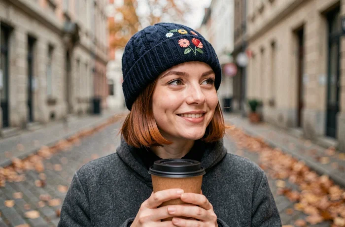 Jeune femme portant un bonnet brodé personnalisé avec motif floral dans une rue en automne