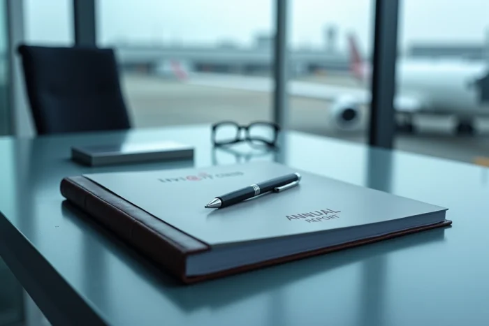 Bureau de dirigeant avec rapport annuel, stylo plume et plaque nominative dans un siège d'entreprise aéronautique