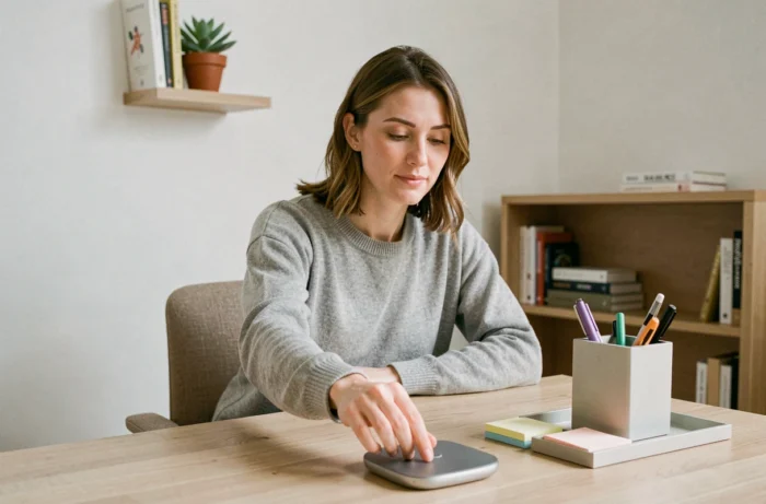 Femme travaillant à son bureau à domicile avec des accessoires pratiques comme un chargeur sans fil et un organisateur de bureau minimaliste
