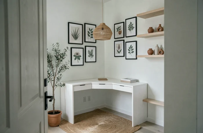 Bureau à domicile au style Japandi avec bureau en chêne blanc, plante olivier et mur de cadres botaniques