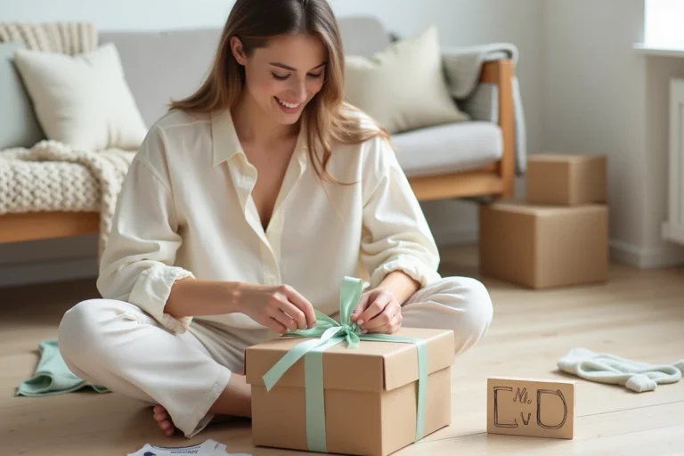 Jeune femme emballant des cadeaux personnalisés pour une naissance, entourée d'articles bébé monogrammés dans un intérieur scandinave chaleureux