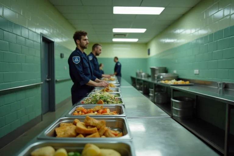 Comptoir de service de la cantine en prison avec plateau repas et agent pénitentiaire en uniforme
