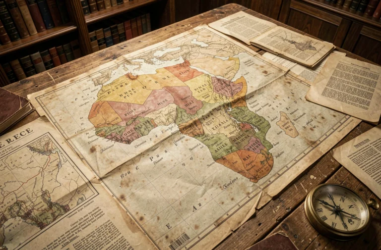 Ancienne carte coloniale de l'Afrique avec les territoires français délimitée sur une table en bois d'archive