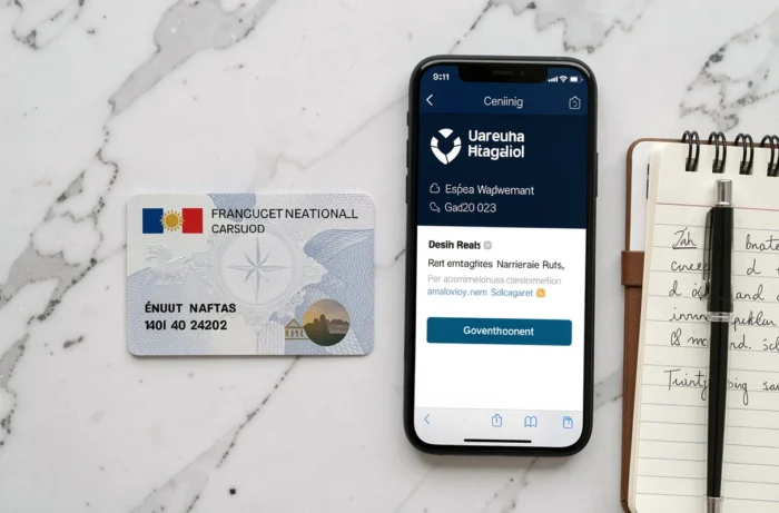 Carte d'identité française posée à plat avec smartphone affichant un site de vérification officielle