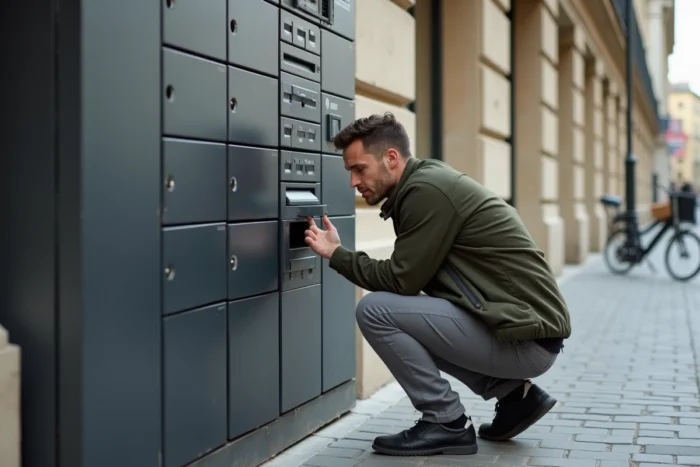 Homme inspectant un casier Vinted Go en panne sur un trottoir urbain