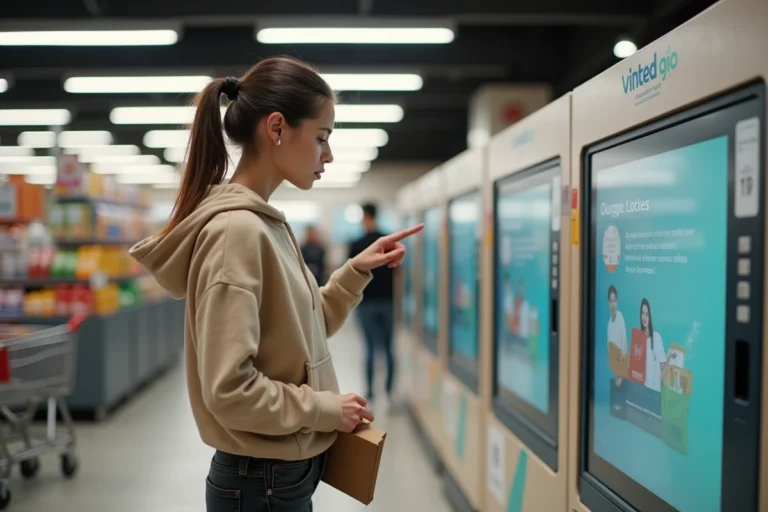 Femme frustrée devant un casier Vinted Go plein dans un supermarché, tenant un colis sous le bras
