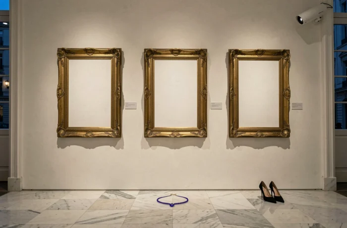 Galerie d'art avec cadres vides et bijou abandonné évoquant les voleuses élégantes du manga Cat's Eye