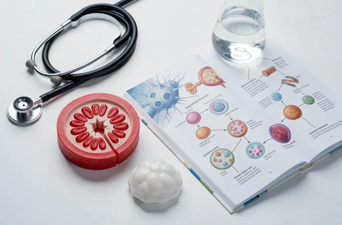 Maquettes de cellules sanguines et manuel de biologie évoquant le manga éducatif Cells at Work sur le corps humain