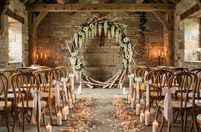 Allée de cérémonie de mariage dans une grange en pierre avec arche florale en branches de bouleau et fleurs blanches