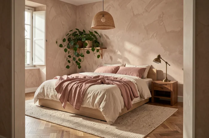 Chambre cocooning avec literie en lin belge, murs en chaux et plante verte dans un intérieur chaleureux