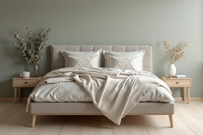 Chambre nordique zen avec tête de lit en lin, plaid en tricot ivoire et plateau en béton pour un aménagement doux et harmonieux