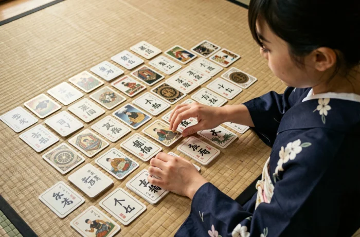 Parties de karuta sur tatami avec cartes washi et mains en action évoquant le manga sportif Chihayafuru
