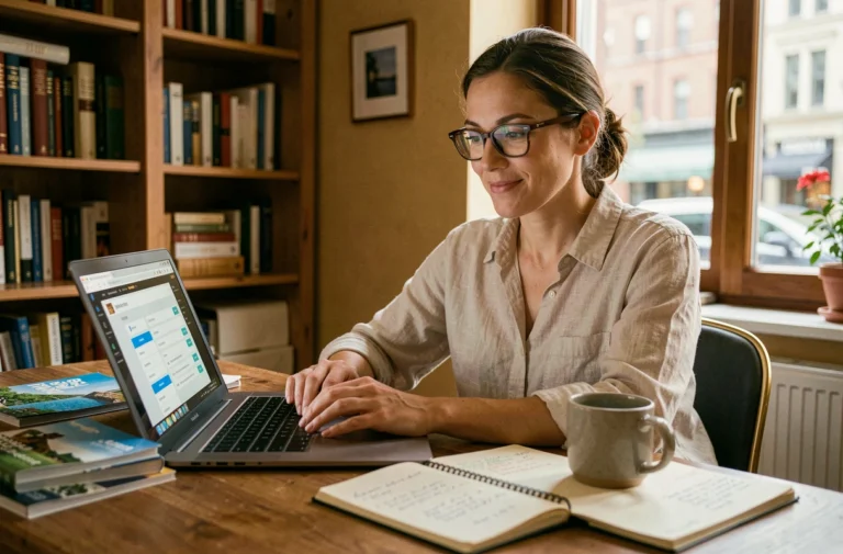 Femme consultant des options d'hébergement sur un ordinateur portable lors de la planification d'un voyage