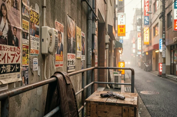 Ruelle urbaine style années 80 Tokyo avec veste en cuir et ambiance City Hunter évoquant l'action et l'humour