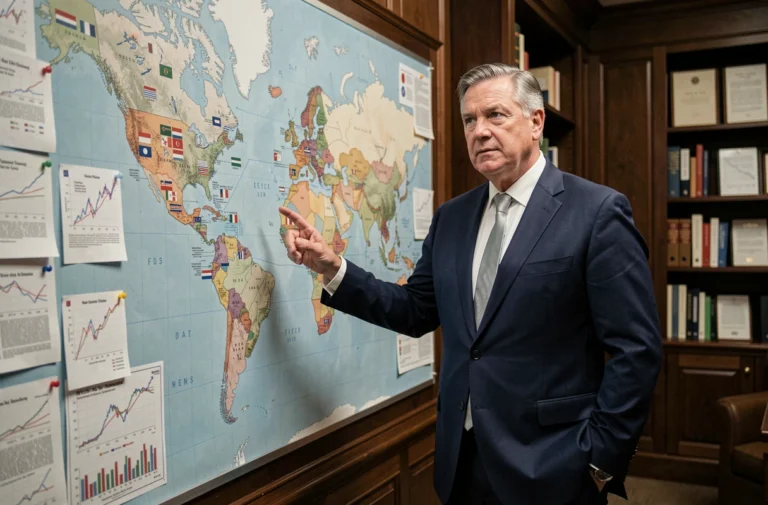 Économiste devant une carte du monde avec classement des puissances mondiales dans un bureau institutionnel