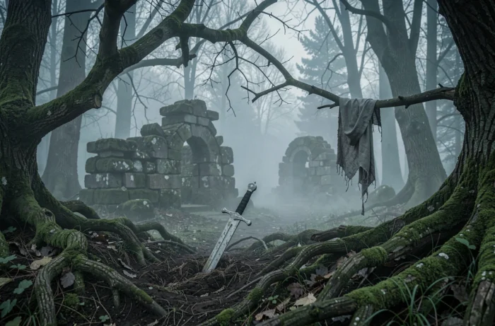 Clairière brumeuse avec ruines et épée abandonnée évoquant l'univers dark fantasy et guerrière du manga Claymore