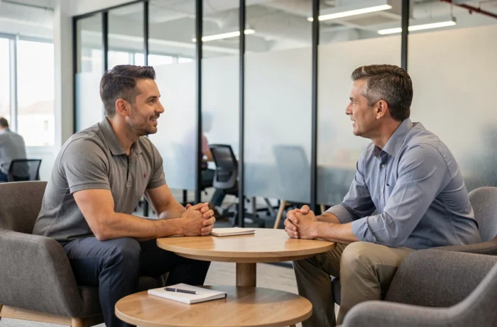 Coach bien-être masculin en séance de coaching individuel avec un manager dans un espace de bureau moderne