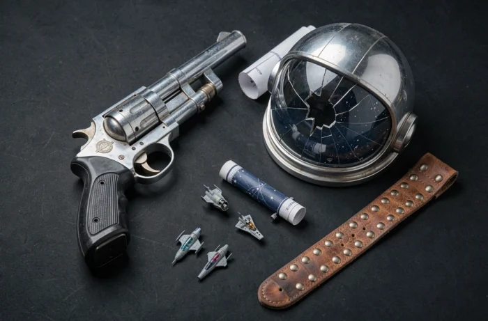 Objets rétro de science-fiction évoquant l'univers spatial et aventurier du manga Cobra