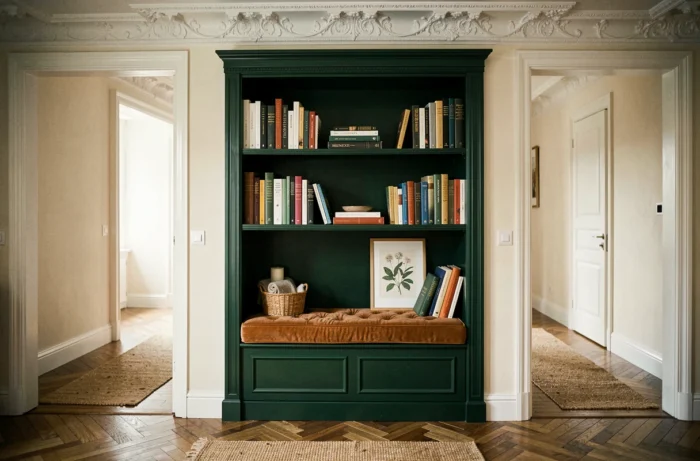 Coin lecture encastré avec bibliothèque verte, coussin en velours cognac et décoration cosy dans un appartement haussmannien