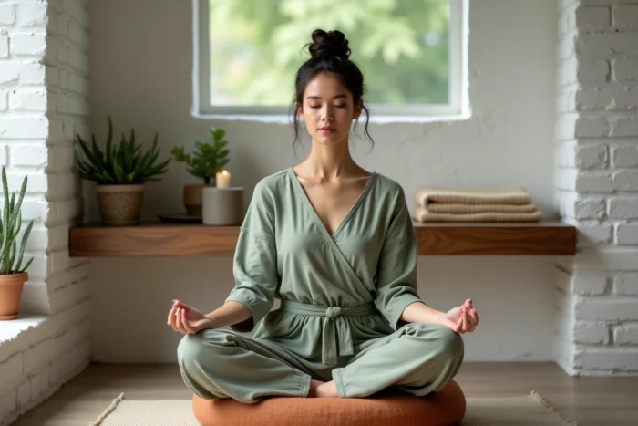Femme assise en méditation dans un coin zen de la maison avec étagère en bois flotté et plantes succulentes pour une ambiance apaisante
