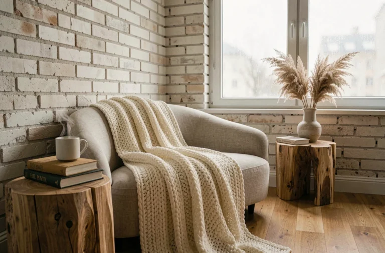 Coin salon cosy avec canapé en lin, plaid en laine chunky et décoration naturelle style scandinave