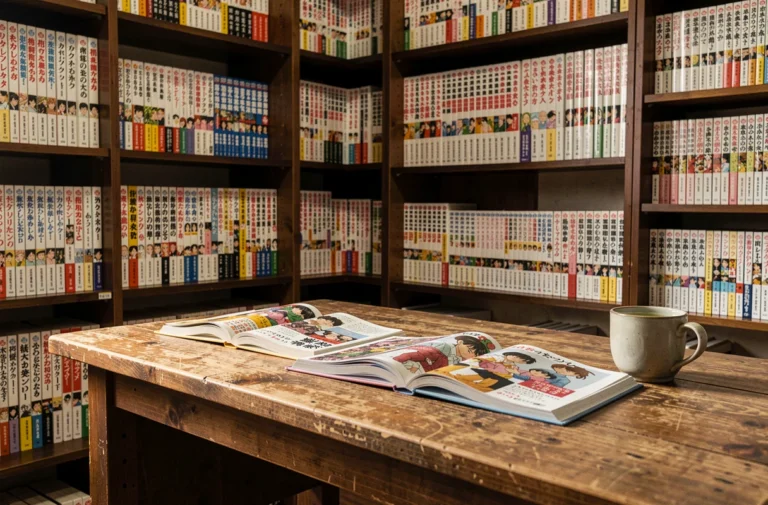 Étagères remplies de volumes de manga japonais dans un bureau de collectionneur organisé