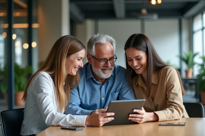 Équipe de collègues consultant ensemble les informations essentielles sur une tablette au bureau