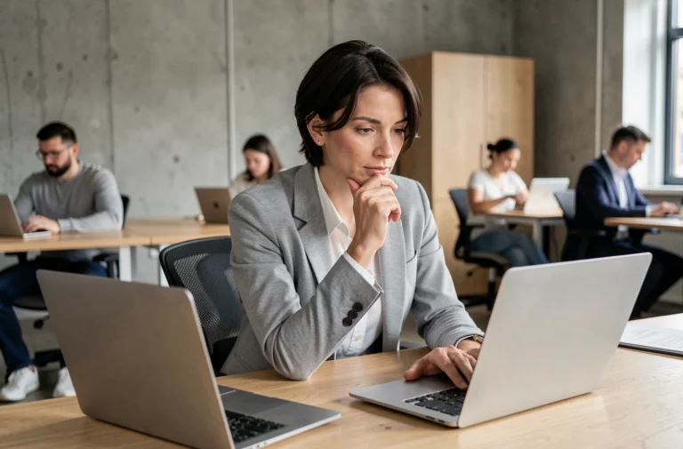 Femme professionnelle comparant deux services numériques sur des laptops dans un espace de coworking moderne