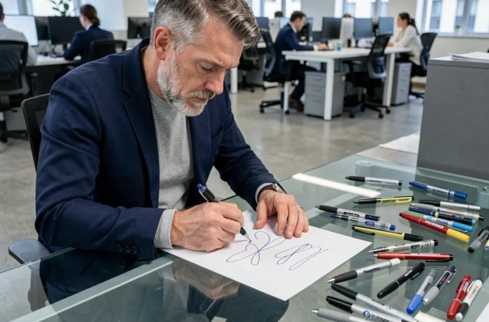 Homme comparant plusieurs stylos bille sur une feuille blanche dans un bureau professionnel