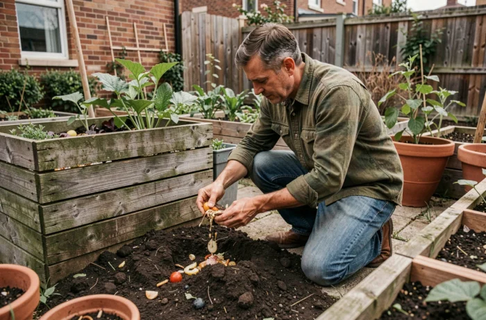 Homme déposant des déchets organiques dans un composteur en bois dans un jardin urbain avec des potagers surélevés, jardinage durable et zéro déchet