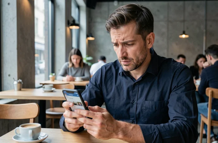 Homme utilisant son smartphone dans un café pour tenter de créer un compte Twitter sans numéro de téléphone