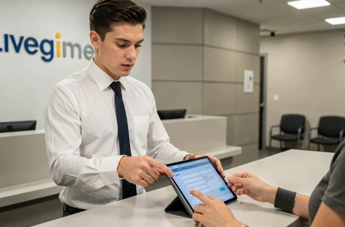 Conseiller bancaire montrant un formulaire IBAN sur tablette à un client dans une agence bancaire moderne