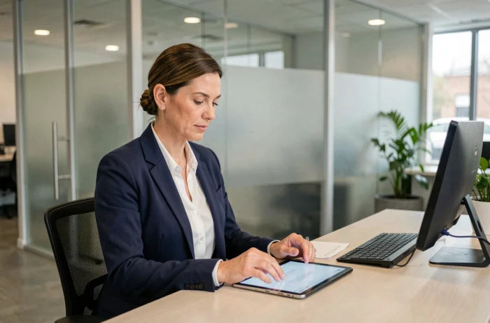 Conseillère bancaire en agence moderne consultant une tablette numérique, illustrant l'évolution digitale du secteur bancaire français en 2024