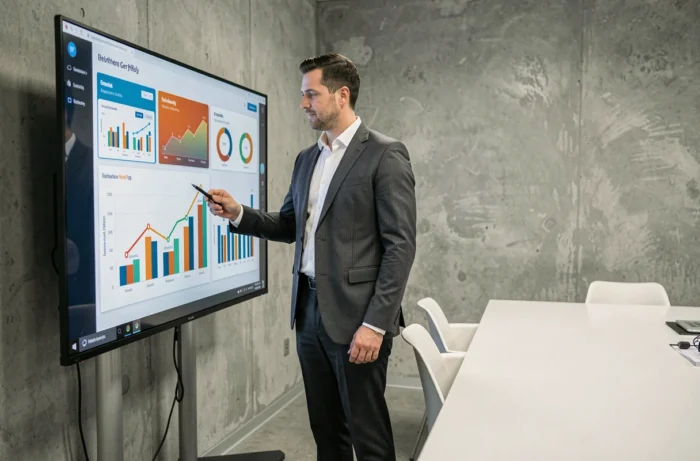Consultant business analysant des données stratégiques sur un écran interactif en salle de réunion