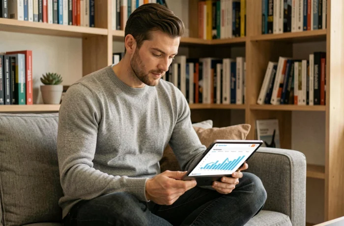 Jeune homme consultant des données de référencement naturel sur une tablette dans un espace de travail à domicile